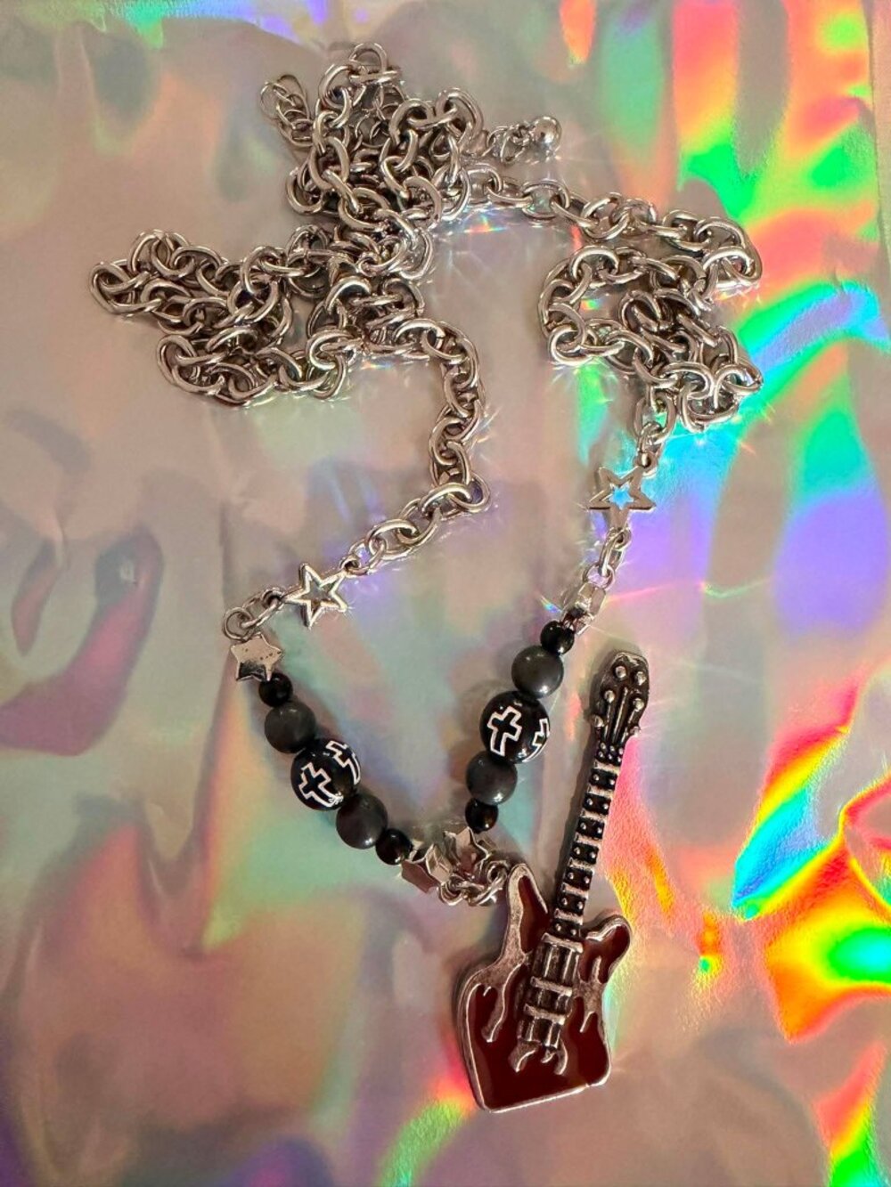 Rock Guitar Charm Chain Necklace Black Cross Beads Y2K Punk Emo Goth